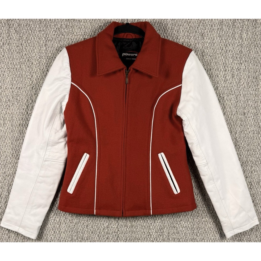 Powers Varsity Jacket Red Wool White Leather Sleeves Women S Y2K